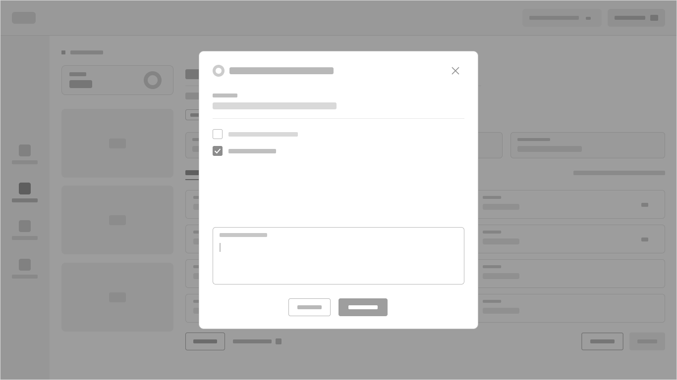 Wireframe en baja fidelidad de un diálogo de confirmación con opciones y campo de comentario