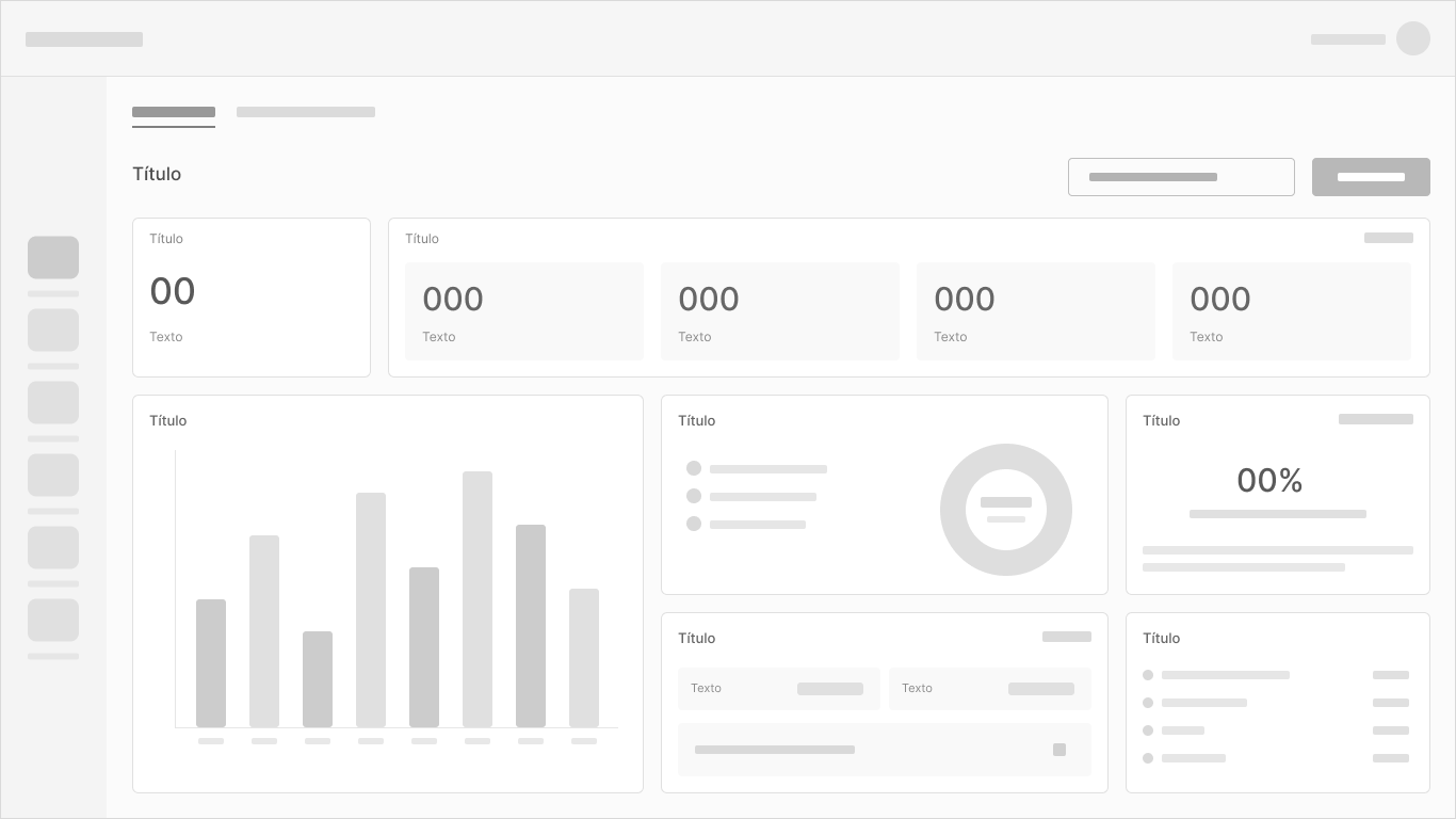 Wireframe en baja fidelidad de un tablero con indicadores, gráfico de barras y gráfico de anillo