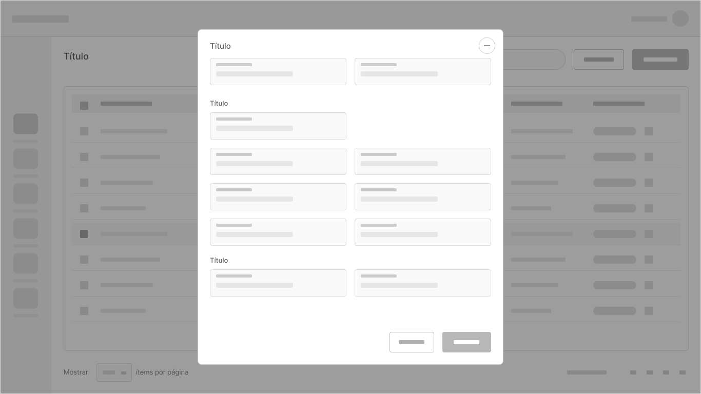 Wireframe en baja fidelidad de un formulario en diálogo sobre un listado