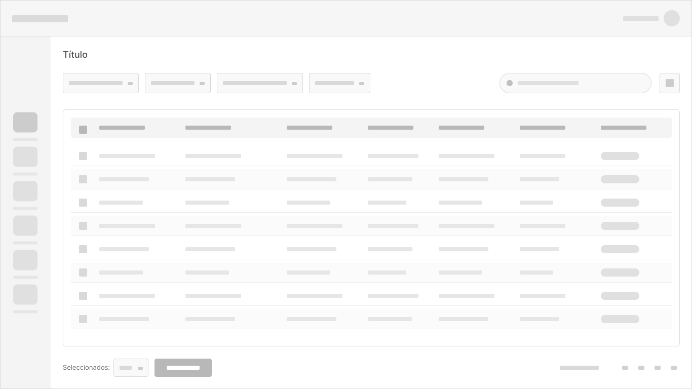Wireframe en baja fidelidad de un listado con filtros, búsqueda y selección múltiple